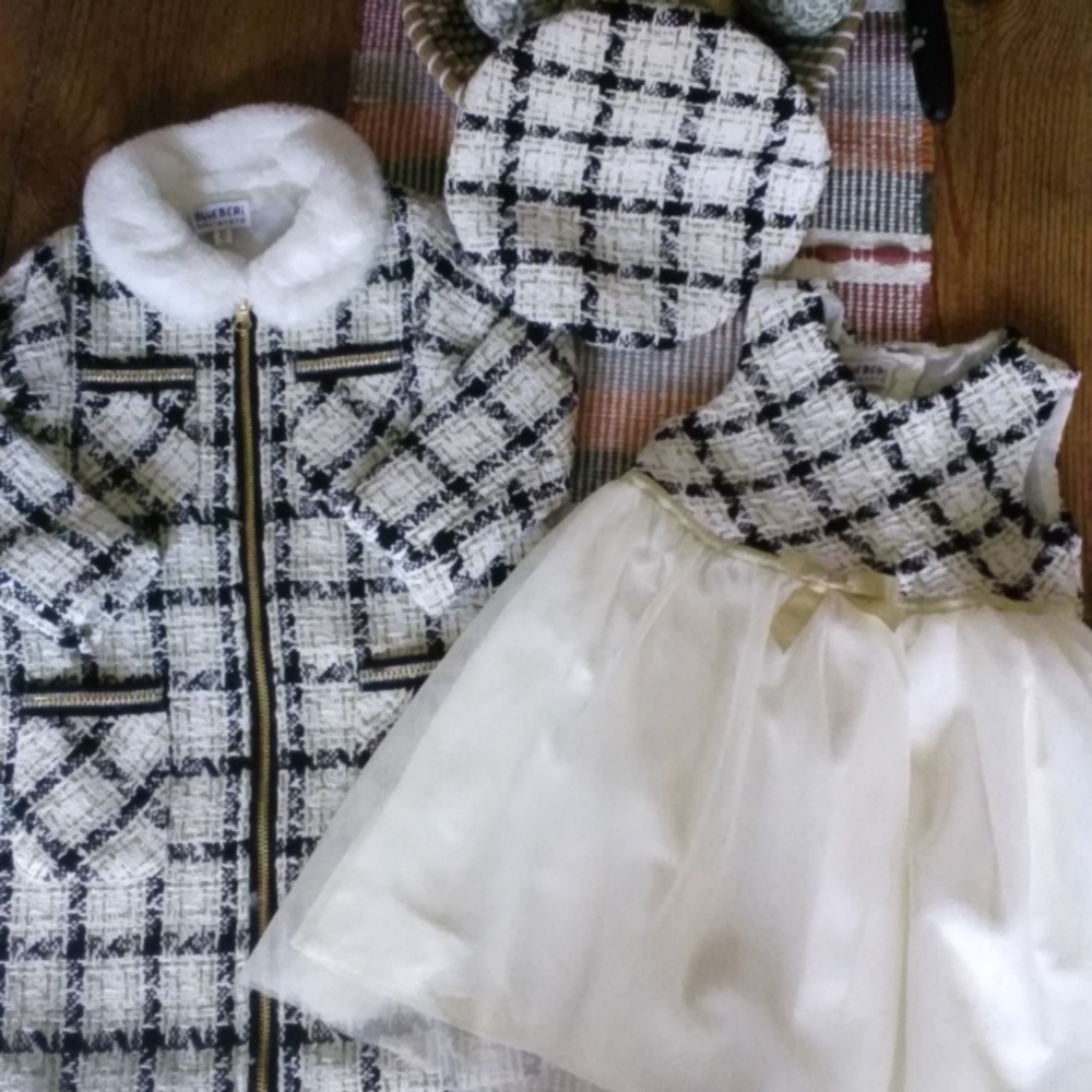 Gorgeous Girls Black & White Tweed Coat with Faux Fur Collar, Dress, And Hat